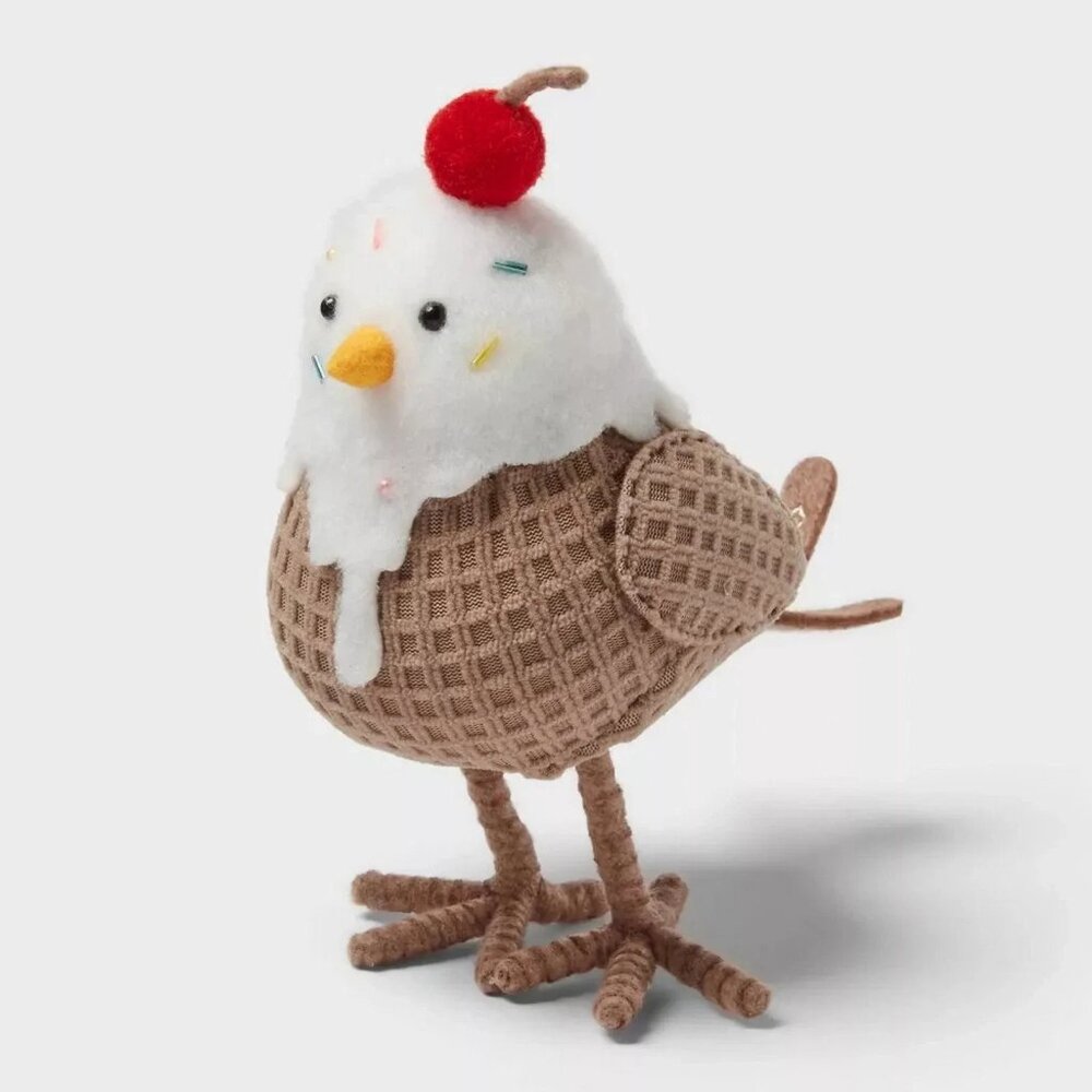 Festive Ice Cream Bird Figurine - White & Brown